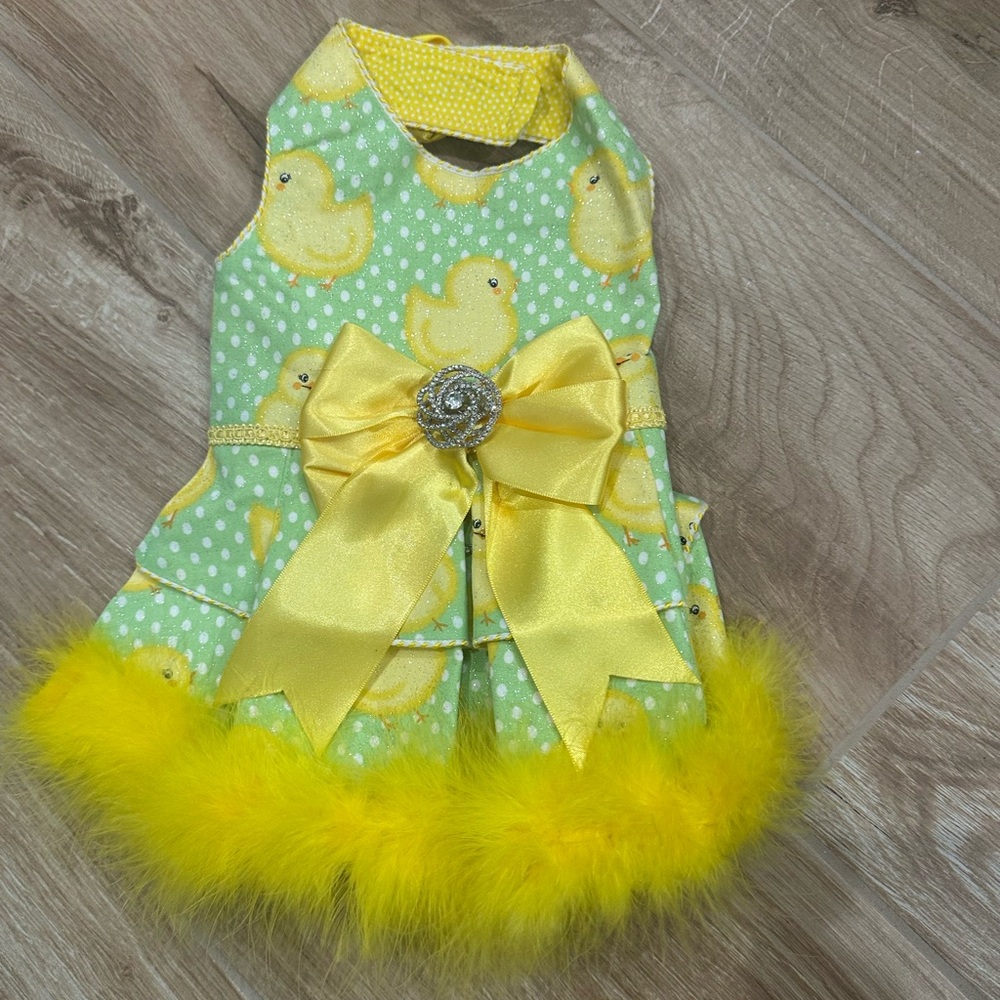 New green and yellow rubber duck print dog dress with a large bow & feather XS